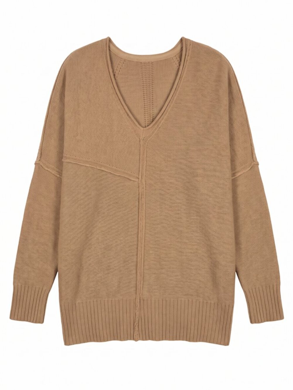 Free People 100% Cashmere Oversized V Neck Tunic Sweater Beige Exposed Seam L